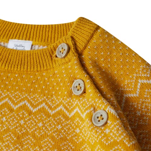 Stellou & Friends 100% Cotton Knit Norwegian Jacquard Design Baby Toddler Boys Girls Long Sleeve Crew Neck Sweater With Shoulder Buttons (Yellow, 18-24 Months) #TOP2