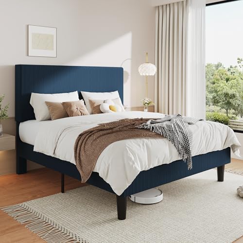 Image of Allewie Queen Bed Frame, Corduroy Tufted Headboard, Dark Blue