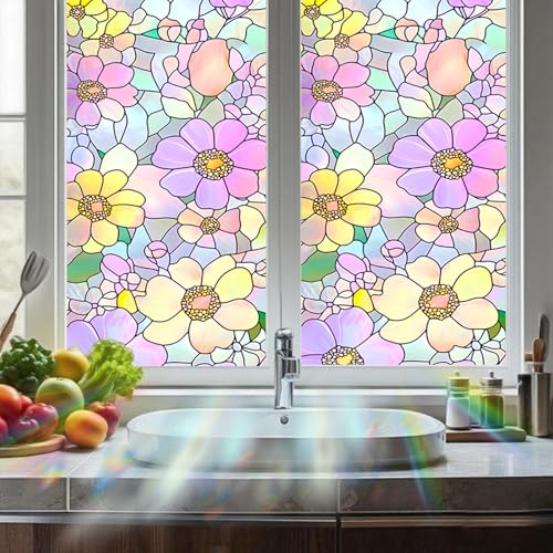 Image of Nuxovilar Sparkle Pink Yellow Mosaic Pattern Window Film 17.7x39.4 PVC | Vibrant Floral, Mosaic Cling colorful flower sticker, glass door wrap for bedroom living room balcony (Pink Yellow)