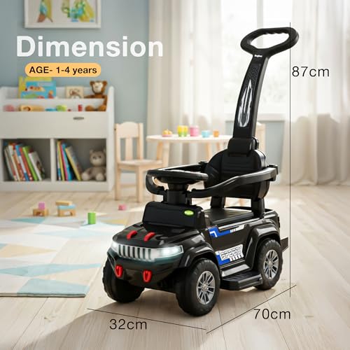 Image of Baybee Speedy Pro Baby Ride on Car for Kids with Parental Handle | Portable Kids Car with LED Lights, Music, Backrest & Basket | Toy Rideons Jeep | Toddler Push Baby Cars for 1 to 3 Years (Black)