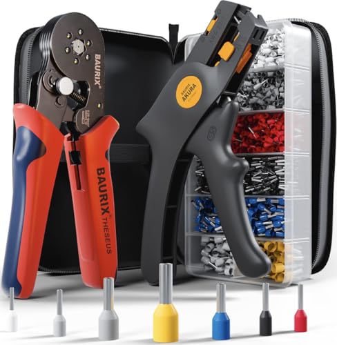 BAURIX® Crimpzange & Abisolierzange mit 2000 Aderendhülsen Set – Sechskant Crimpwerkzeug 0,25–6 mm² – Für zuverlässige Elektroinstallation – THESEUS (6-Kant) & AKURA