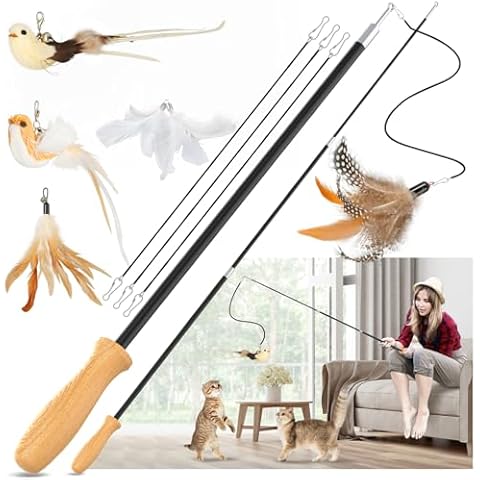 ROSAUI Cat Teaser Wand Toys, Interactive Bird Toys for Indoor Kittens, 42.15’’ Long Cat Fishing Pole Toys, 2Pcs Wires and 5Pcs Natural Refills, Sustainable Wooden Handles, Exercising, Playing Cover