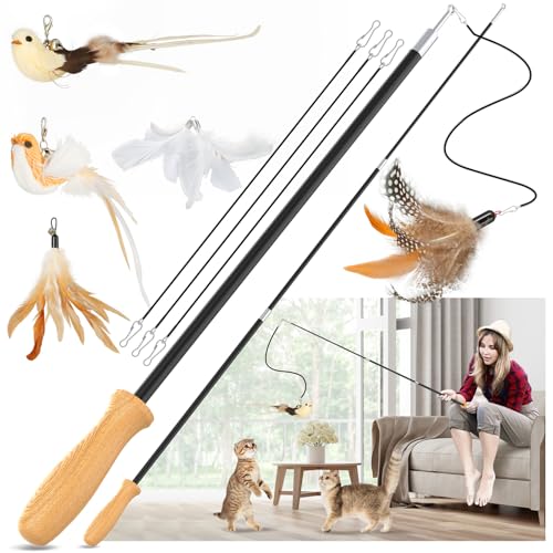 ROSAUI 2X Katzenangel lang, interaktives katzenspielzeug mit 2 Vogel und 3 Federn, Katzen Spielzeug für Kitten, cat Toys stabil 107cm