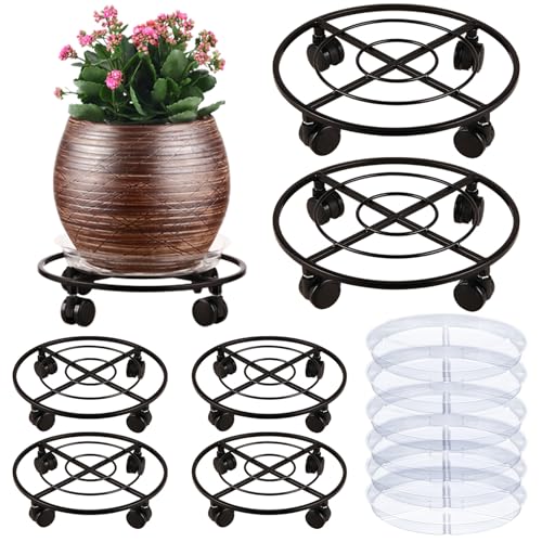 6 Packs Large Metal Plant Caddy 12" Heavy-duty Plant Dolly with PU Wheels Wrought Iron Rolling Plant Stand with Casters Indoor Outdoor Plant Pot Movers Planter Rollers Coaster Trolley, Black