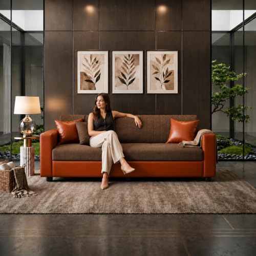 Image of Double Tone 3 Seater Sofa Couch, Upholstered Fabric & Faux Leather Sofa with Channeled Backrest, Living Room with Solid Wood Frame & Pillows, 189 cm (74 inch) Brown and Tan
