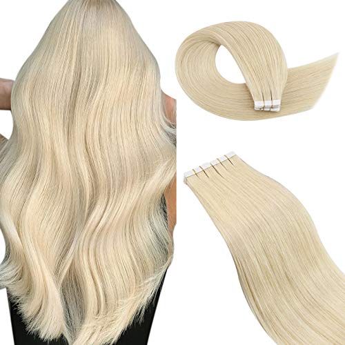 Ugeat Real Human Tape in Hair Extensions 20Inch #60 Platinum Blonde Tape in Hair Extensions 40PCS Tape in Hair Extensions Seamless Full Head Tape in Extensions 100G