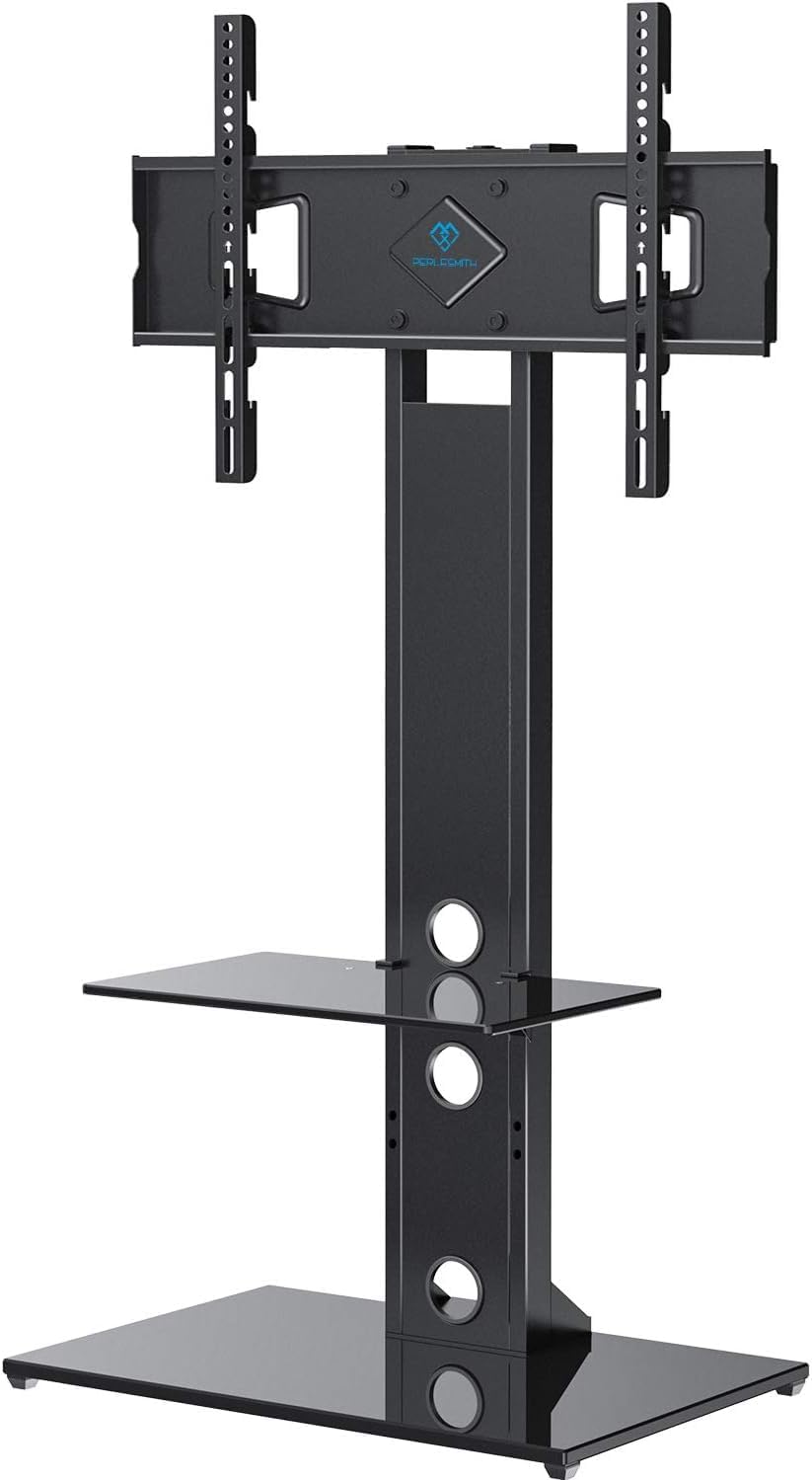 Front view of the assembled PERLESMITH PSFS02 TV stand with a television mounted