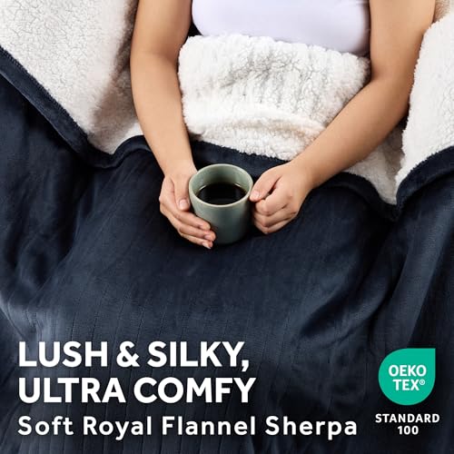 Image of Sunbeam Royal Mink Sherpa Admiral Blue Heated Personal Throw / Blanket, Cozy-Warm, Adjustable Heat Settings