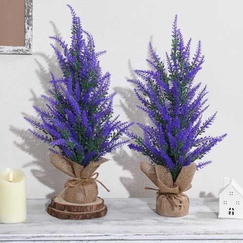 FunouHome 2pcs Artificial Lavender Tabletop Décor with Burlap Base-Farmhouse Lavender Arrangement for Spring Summer Table Centerpiece Windowsill Shelf Mantel Indoor Decor ﻿