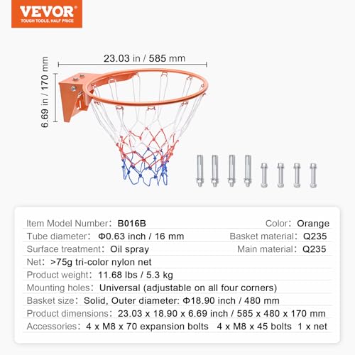 Image of VEVOR Basketball Hoop, 44 54 Inchs PC Backboard Wall Mounted, Basketball Portable Hoop & Goal, Indoor & Outdoor with Hand-Crank Adjustment, Classic Basketball Court, Teens, Adults, Schools, Parks