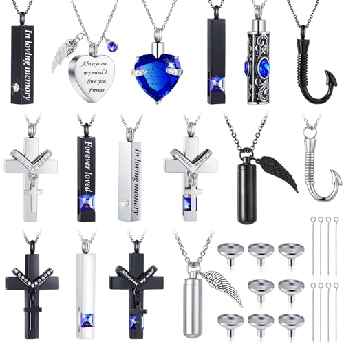Huquary 16 Pcs Urn Necklace for Ashes Waterproof Stainless Steel Carved Ashes Locket with 8 Filling Kit Heart Cylinder Cross Cubic Fish Hook Jewelry for Ashes with Wing Diamond for Men Women