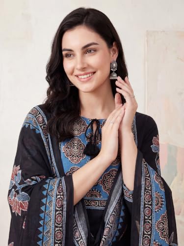 Image of INDO ERA Women's Pure Cotton Abstract Printed Mirror Work Kurta & Pant with Dupatta Set (IEAI13205)|Cotton Suits For Women With Dupatta