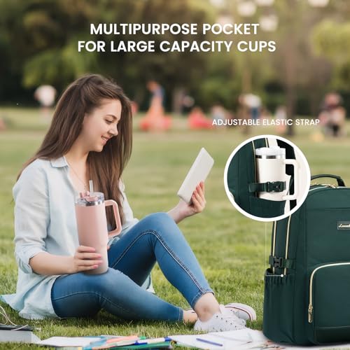 Image of LOVEVOOK Laptop Backpack for Women with Pouch Pocket for Large Capacity Cup,18 Inch Laptop Computer Bag Travel Backpack Purse,Waterproof Work Business Backpack College Teacher Bags,Dark Green