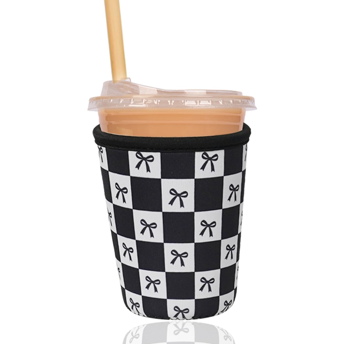 Reusable Insulated Sleeve for Iced Coffee Cup, Coffee Neoprene Sleeve for Cold &amp; Hot Drinks, Beverage Holder for Iced Coffee (Black Checkered Bows, Small: 16-18oz)