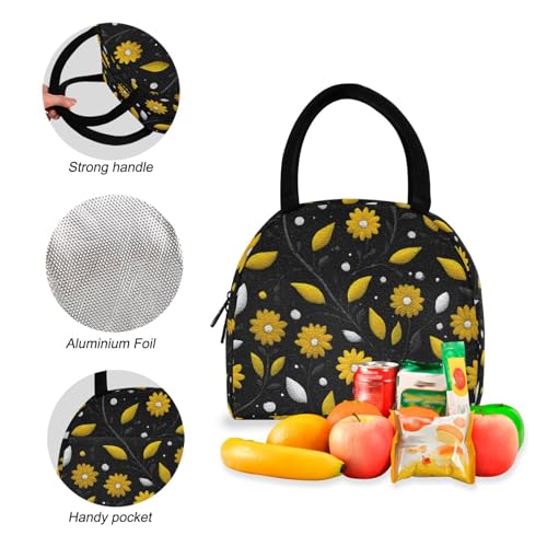 Yellow Floral Print Backpack Set with Lunch Bag, Large Capacity Travel Backpacks and Lunch Box Insulated for Commute Hiking Picnic4