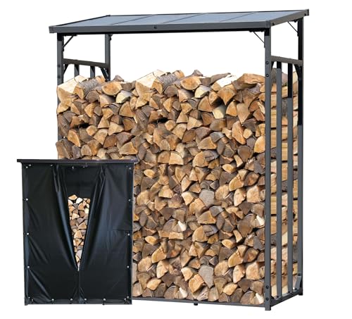 QUICK STAR Étagère à bûches en métal anthracite 143 x 70 x 185 cm avec protection contre les intempéries Abri de bois de cheminée 1,8 m³/2,5SRM Support...