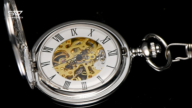 TREEWETO Uniseks zakhorloge met ketting, analoog, mechanisch met de hand opwinden, dubbel scharnier, roer, skelet, brons, Bronze036