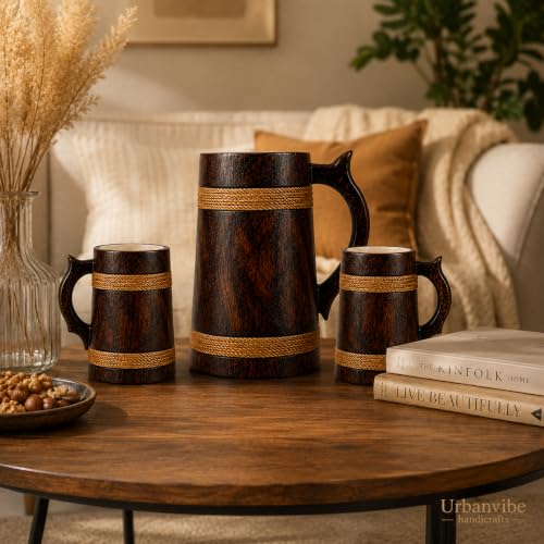 Image of Wooden Beer Bar Combo Set | Barrel Shaped Jumbo Mug | 2 Small Beer Mug 300ML (5 x 4 inches Each) & 1 Large Beer Jug 750ML (Plain Design)
