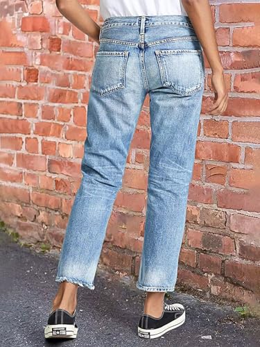 Flamingals Straight Leg Jeans for Women Cropped Mid Rise Stretchy Baggy Jean Wash Raw Hem Trendy Ankle Pants3