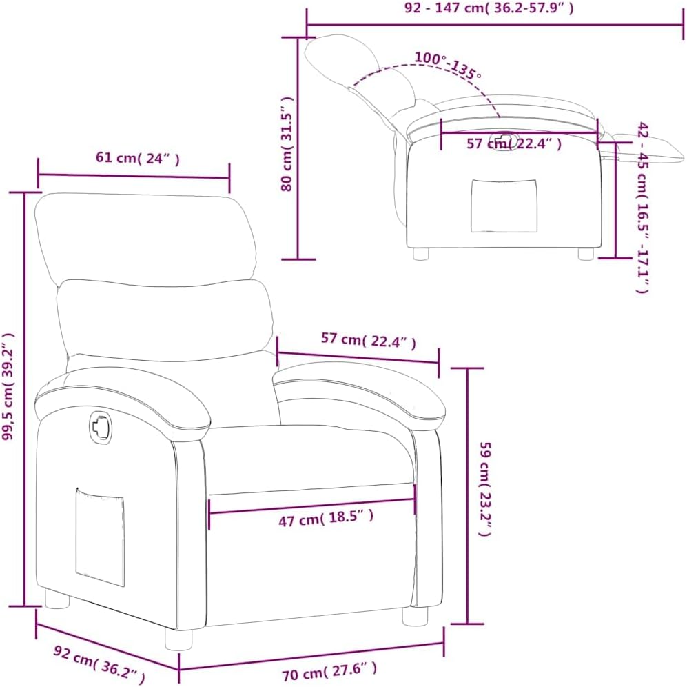 Diagram showing dimensions of the vidaXL Reclining Armchair in both upright and reclined positions.