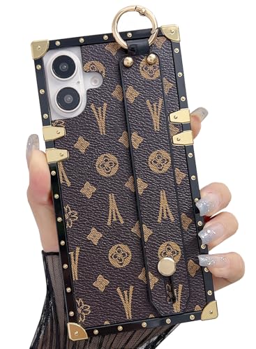 Dropcases Compatible with iPhone 16 Case Luxury Designer for Women Girls,Rectangle Leather with Wristband Strap Kickstand Holder Protective Phone Cover for iPhone 16-6.1 inch (Brown)