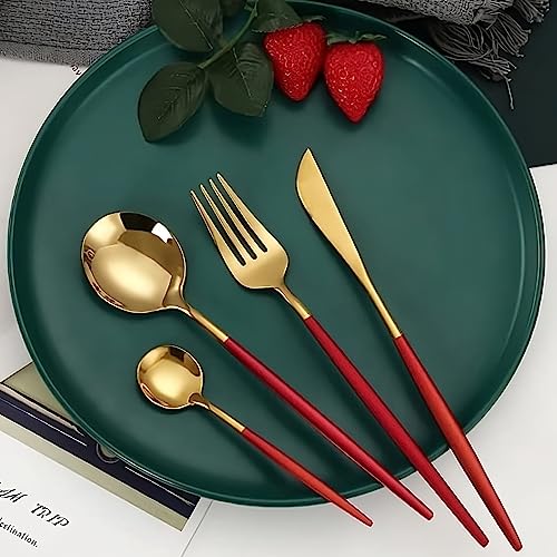 Image of Stainless Steel Red Gold Cutlery Set for 6 Person with Gift Box 24 Pieces Mirror Finish Luxury Premium Flatware Set for Dining Table Hotel Cafe Bar Restaurant House Warming Gifts