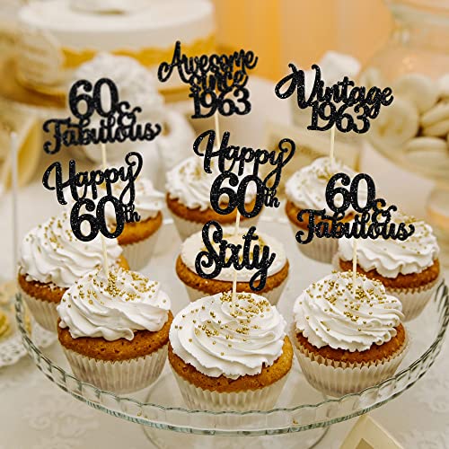 30Pcs Happy 60Th Birthday Cupcake Toppers Glitter Sixty Vintage 1963 Cupcake Picks Cheers To 60 Fabulous Cake Decorations For 60Th Birthday Wedding Anniversary Party Supplies Black #TOP5