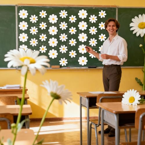 Image of Spring Daisy Flower Paper Cutouts - 100Pcs Glitter White Daisy Flower Paper Cutouts for Boho Groovy Retro Themed Birthday Baby Shower Easter Party Favor Supplies Home School Bulletin Board Wall Decor