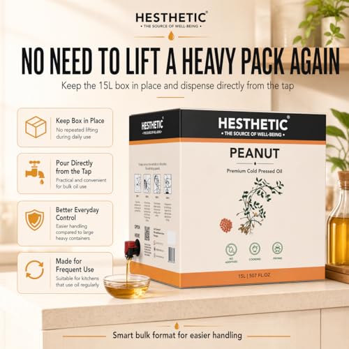 Image of HESTHETIC Cold Pressed Peanut (Groundnut) Oil 15L Bag-in-Box | Pure Moongfali Ka Tel | Joint-Family Cooking Oil, Unrefined, High Smoke Point | Best Per-Litre Value