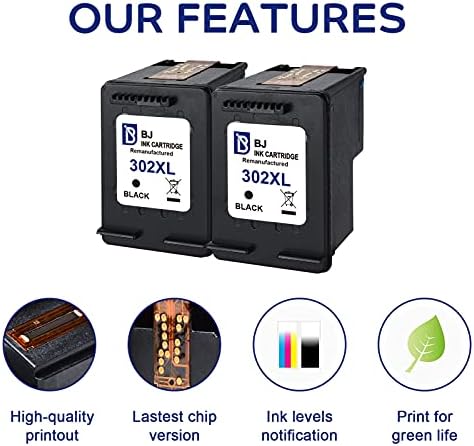 BJ Remanufactured Ink Cartridges Replacement for HP 302XL 302 XL F6U68AE Hight Yield (2 Black) for HP ENVY 4520 4527 4521 4522 HP Officejet 3830 3831 4650 5230 5232 HP DeskJet 2132 2134 3630 Printer