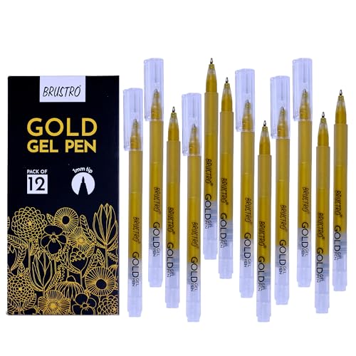 Image of BRUSTRO Gold Gel Pen|Pack of 12-1mm Metal Tip,Opaque and Viscous Ink|Ideal For Drawing,Writing,Highlighting,Doodling,Scrapbooking,Mandala Art,Illustration,Fine Art Students and Professionals