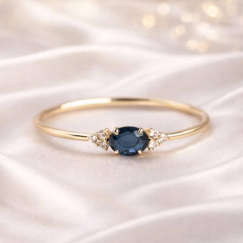 Oval Cut Blue Sapphire Ring for Women Minimal Gold Band with Diamond 14K Yellow Gold Handmade Promise Engagement Ring September Birthstone Gift For Wife