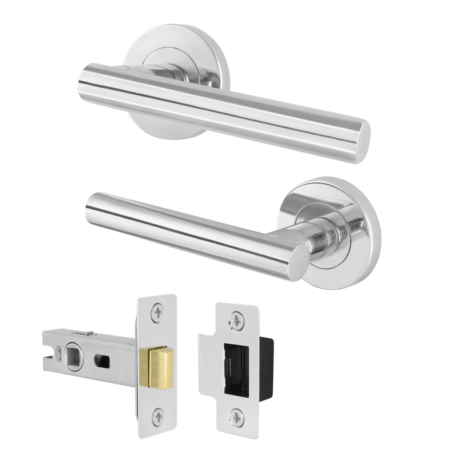 EAI Door Handle Latch Set Polished Chrome | Round T-Bar Internal Door Handles & Latch (64mm) | Silver Lever on Rose Oliena Range