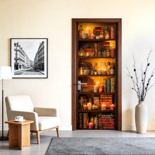 Image of Candlelit Bookshelf Door Sticker, Library Door Cover, 30.3x78.7in