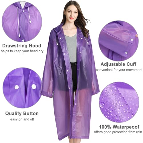 Image of Rain Ponchos, 2 Packs Reusable Ponchos for Adults with Drawstring Hood and Sleeves, Emergency Rain Coat for Theme Park, Hiking, Camping or Traveling