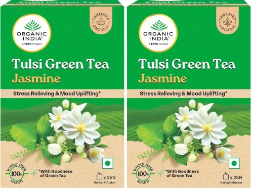 Image of A TATA Product - Organic India Tulsi Green Tea Jasmine - 25 Tea Bags, Certified Organic, Stress Relief, Mood Uplifting, Antioxidant Power, Soothing Jasmine Blend (Pack of 2)