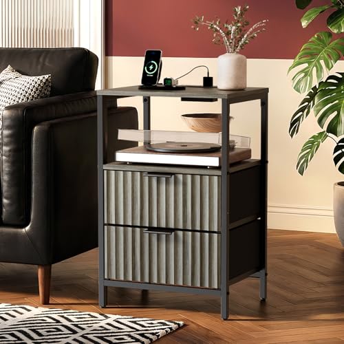 Image of VINGLI Night Stand Set 2 with Charging Station and Fabric Drawers, Fluted Grey Night Stand Set of 2, Gray Nightstand with Drawers, Grey Bedside Tables /End Tables for Bedroom, 14.96 inchW*11.81 inchD*23.78 inchH