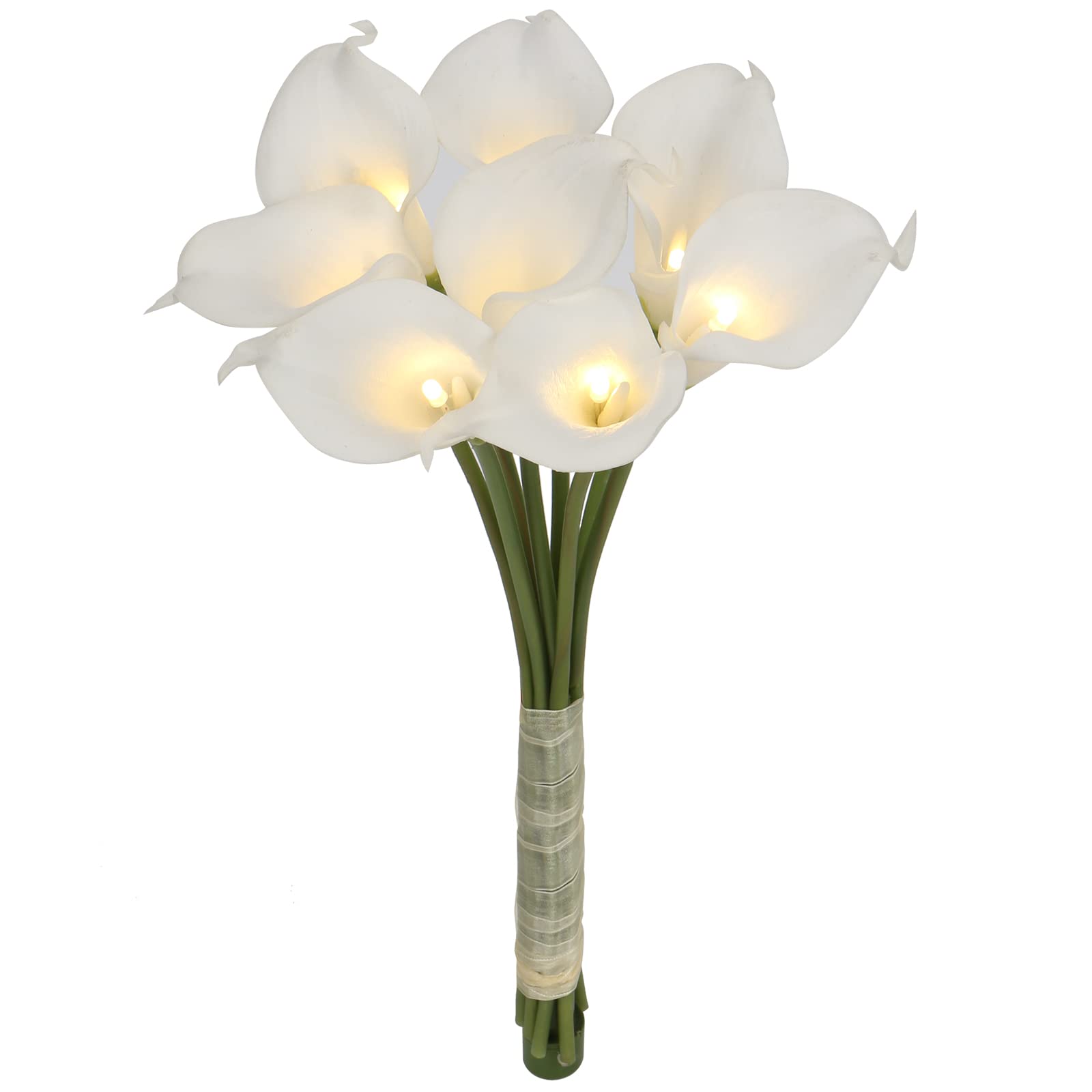 Artificial Flowers with LED Light 8pcs White Fake Calla Lily Real Touch Faux Flowers Bouquet for Home Wedding Arrangement Office Indoor Table Centerpiece Decoration