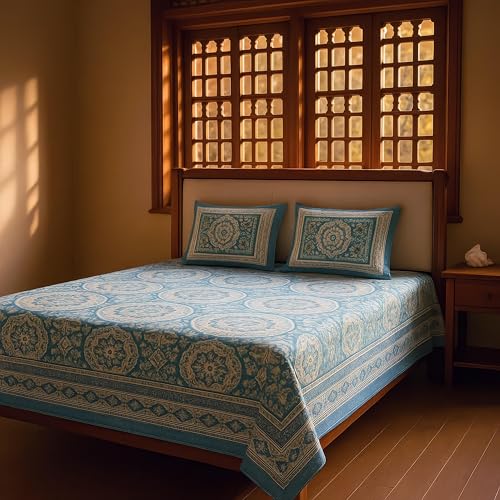 Image of Pure Cotton King Size Bedsheet Set with 2 Pillow Covers, Jaipur Design, Traditional Indian Pattern