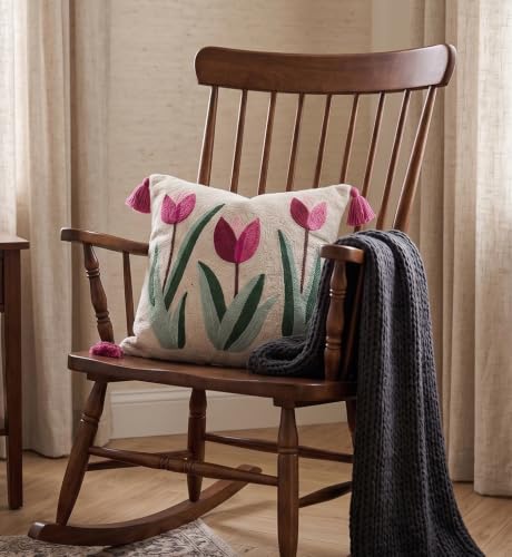 Image of Furnistitchs Handmade Cotton Bohemian Home Decor Cushion Cover 24x24 inches / 60x60 cms - Boho Chic Couch Sofa Throw Living Room Bedroom Cushions (2, Pink Tulips)
