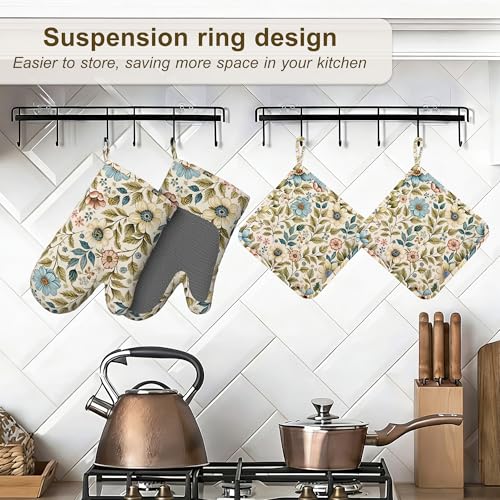 Boho Vintage Oven Mitts and Pot Holders Set of 4,Heat Resistant Non Slip Wildflower Floral Kitchen Gloves Hot Pads,Chef Cooking Baking Gifts for Women Bakers,Kitchen Gifts for Cooking Lover by Qvvhorx - Used condition - Image 5
