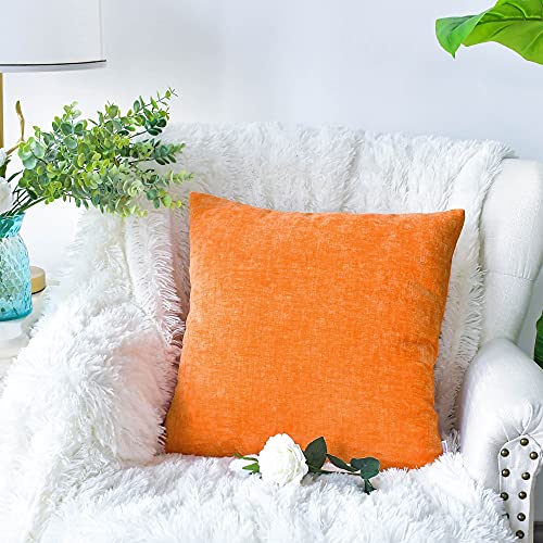 Image of CaliTime Pack of 2 Cozy Throw Pillow Covers Cases for Couch Sofa Home Decoration Solid Dyed Soft Chenille 18 X 18 Inches Bright Orange