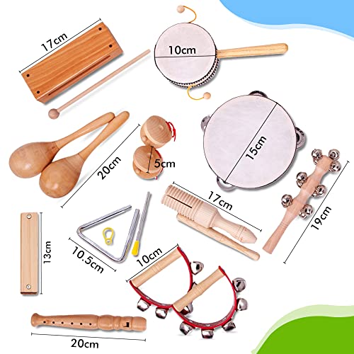 Kadoing-18-Delige-Houten-Muziekinstrumenten-Set-Duurzaam-Cadeau-Educatief-Speelgoed-Verjaardag-Thuis-Montessori-School-Triangel-Tamboerijn-Fluit-Blokfluit-Rammelaar-Mondharmonica-Kinderspeelgoed-Muzie