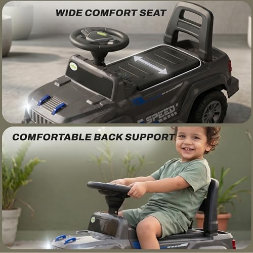 Image of Baybee Speedy Baby Ride on Car for Kids | Portable Kids Car with LED Lights, Music & Storage Basket | Push Toy Cars with High Backrest | Toddler Rideons Jeep for 1 to 3 Years Boys Girls (Grey)
