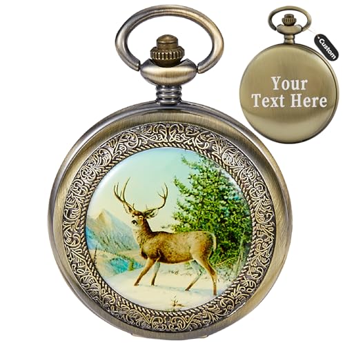 Deer Pattern Customized Pocket Watch Bronze Alloy Men Personalized Quartz Watch with Chain Retro Arabic Numeral Clock
