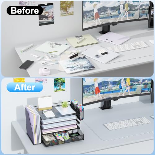 Image of gianotter 5-Tier Desk Organizer with Drawers and File Holders | Letter Trays and Pen Holders - Workspace Accessories for Office Supplies (Black)