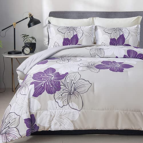 Menghomeus Purple Comforter Set Queen - Purple Floral Pattern Printed On Grey - Soft Microfiber Bedding Set Lightweight Boho Bed Comforter Set For All Season (1 Comforter, 2 Pillowcases) #TOP6