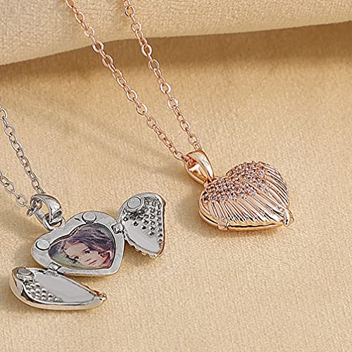 Generic Locket Necklace Heart Shaped Angel Wing Photo Locket Necklace Memory Pendant With Personalized Picture Creative Neck Chain For Women Men, Rose Gold, 1.7X1.55Cm, W8Mu223110Y4X #TOP6