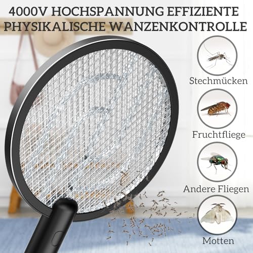 PALONE Elektrische Fliegenklatsche, 4000V Wiederaufladbar Insektenvernichter UV Elektrischer Mückenklatsche USB Fliegenfänger Insektenfalle mit Basis - Schwarz 3