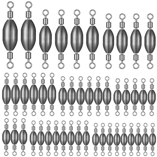 Seenelling 48 Pcs Trolling Sinkers With Swivels - 8 Sizes Brass Fishing Weights for Saltwater and Freshwater - Egg and Bullet Sinkers With Rolling Removable Swivel